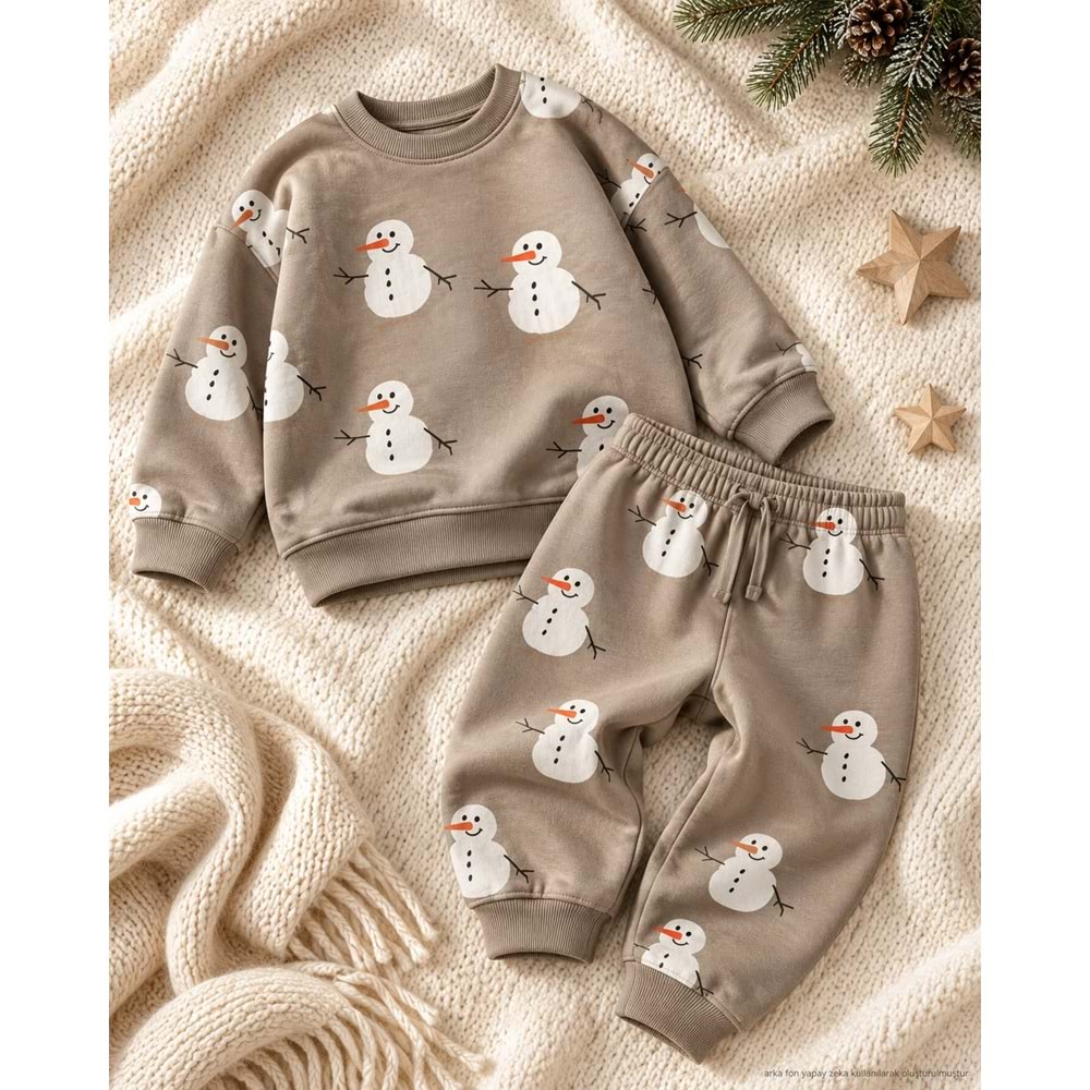Cool Holidays ! Kardan Adam Baskılı Pamuklu Sweatshirt Jogger Eşofman Alt-Üst Takım