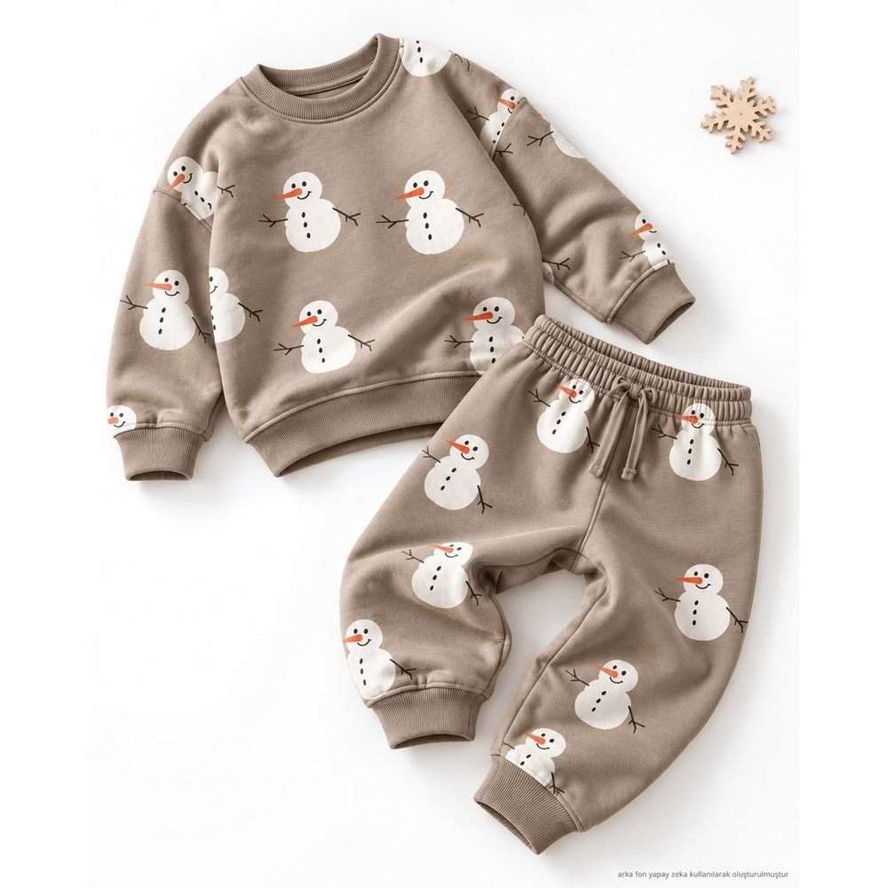 Cool Holidays ! Kardan Adam Baskılı Pamuklu Sweatshirt Jogger Eşofman Alt-Üst Takım