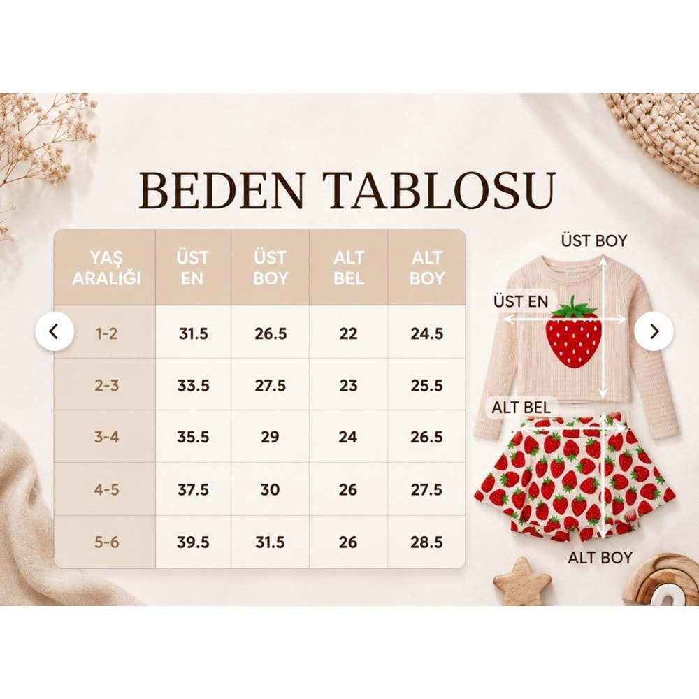 Kız Çocuk Çilek Desenli Uzun Kollu Tayt Etekli 2 Parça Mayo / Bikini Takımı