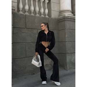 Crop top İspanyol Paça Siyah Kadife Eşofman Alt Üst Takım 2 Parça Fermuarlı