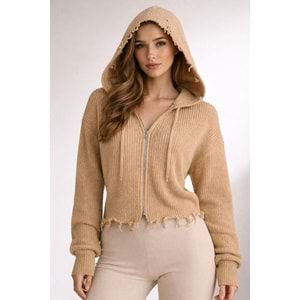 Yeni Sezon Karamel Renk Delik Detay Kapüşonlu Fermuar Kapamalı Triko Hırka