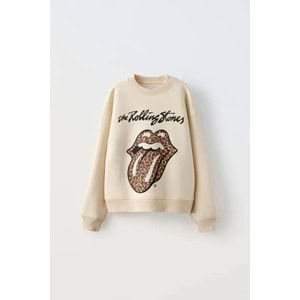 Kız Çocuk Yeni Sezon Leopar Desen Açık Kahve - Bej Renk Rolling Sweatshirt