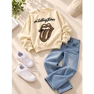 Kız Çocuk Yeni Sezon Leopar Desen Açık Kahve - Bej Renk Rolling Sweatshirt
