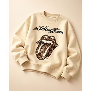 Kız Çocuk Yeni Sezon Leopar Desen Açık Kahve - Bej Renk Rolling Sweatshirt