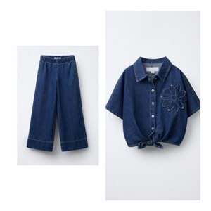 Kız Çocuk Papatya Aplike Detaylı Denim Bel Bağlamalı üst - Kot Pantolon Alt üst Takım 2 Parça