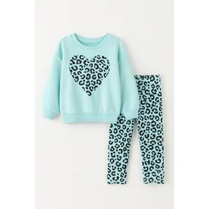 Kız Çocuk Çiçek - Leopar Detaylı 3 İplik Alt Üst Takım Sweatshirt + Tayt