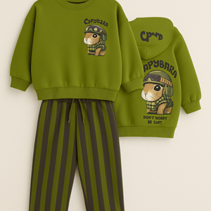 Kız Çocuk Capybara Desen Yeşil Renk Sweatshirt Çizgili Jogger Alt Üst Takım