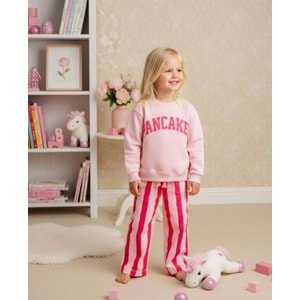 Kız Çocuk Yeni Sezon PANCAKE Baskılı Canvas Jogger Sweatshirt - Eşofman Alt Üst Takım Pembe Renk