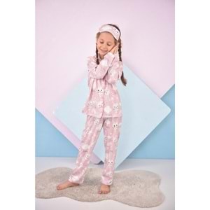 Kız Çocuk Pembe Renk Tavşan Desenli Baskılı Pijama Takımı Göz Bandı Hediyeli
