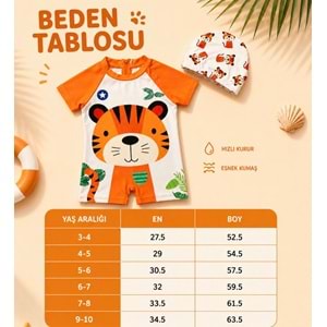 Kısa Kollu Kaplan Desenli Erkek Bebek Çocuk Mayo Takımı - Şapkalı - Hızlı Kuruyan - Yazlık