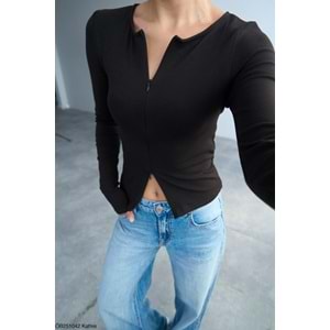 Kadın Çift Fermuarlı Uzun Kollu Bluz – Yuvarlak Yaka, Slim Fit, Günlük ve Şık Kombinler