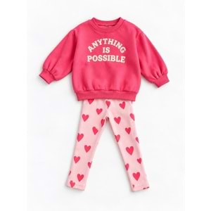Kız Çocuk Pembe Süzene Sloganlı Kışlık 3 İplik Pamuklu Sweatshirt Kalpli Tayt Alt-Üst Takım