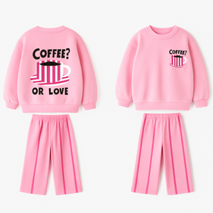 Yeni Sezon Kız Çocuk Coffee Baskılı 3 İplik Kumaş Canvas Pantolon Alt Üst Takım