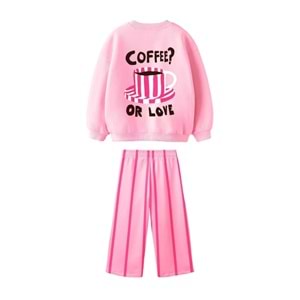 Yeni Sezon Kız Çocuk Coffee Baskılı 3 İplik Kumaş Canvas Pantolon Alt Üst Takım