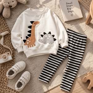 Kız Çocuk 3D Boyutlu Dikenli Dinozor Nakışlı Desenli Kışlık Pamuklu Sweatshirt Tayt Alt-Üst Takım