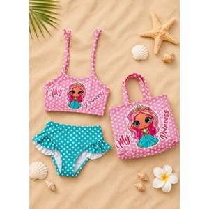 Kız Çocuk Prenses Bebek Baskı Desen Plaj Çantalı Bikini Takımı 3 Parça