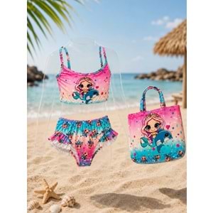 Kız Çocuk Deniz Kızı - Yunus Baskı Desen Plaj Çantalı Bikini Takımı 3 Parça