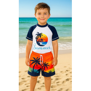 Erkek Çocuk Gün Batımı Palmiye -Summer- Desen T-shirt Şort Mayo Seti Üst Dalgıç Alt Paraşüt
