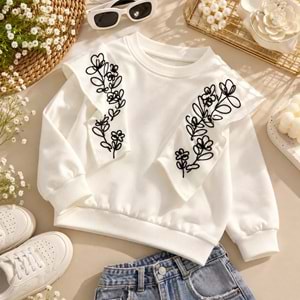 Kız Çocuk Omuz fırfırlı Çiçek Nakışlı Örme Sweatshirt Bebe Yaka Ekru Renk