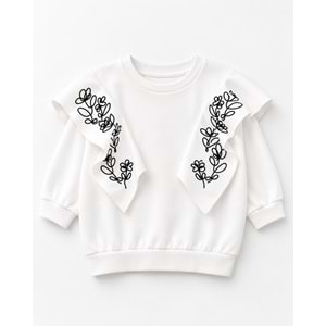 Kız Çocuk Omuz fırfırlı Çiçek Nakışlı Örme Sweatshirt Bebe Yaka Ekru Renk