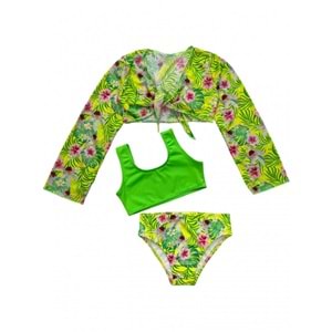 Yeni Sezon Kız Çocuk Neon Yeşil Renk Çiçek Desen Bolero / Pareolu Bikini Takımı 3'lü Set