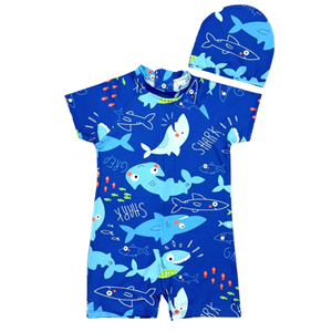 Erkek Çocuk Kısa Kol Hassas Ten Güneş Koruma Balık Tema Mayo Bone Takım