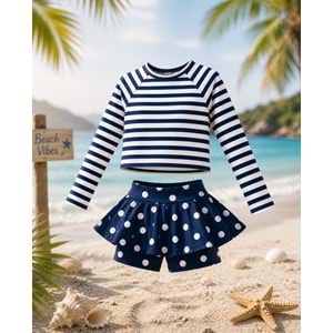 Kız Çocuk Beyaz MaviRenk Çizgili Uzun Kollu Tayt Etekli 2 Parça Mayo / Bikini Takımı