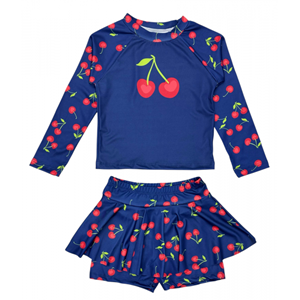 Kız Çocuk Lacivert Renk Kiraz - Cherry Desenli Uzun Kollu Tayt Etekli 2 Parça Mayo / Bikini Takımı