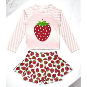 Kız Çocuk Çilek Desenli Uzun Kollu Tayt Etekli 2 Parça Mayo / Bikini Takımı