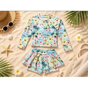 Pastel Renk Çiçek Desenli Uzun Kollu Tayt Etekli 2 Parça Mayo / Bikini Takımı