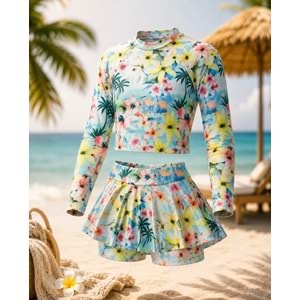 Pastel Renk Çiçek Desenli Uzun Kollu Tayt Etekli 2 Parça Mayo / Bikini Takımı