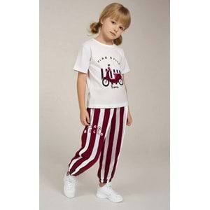 Kız Çocuk Scooter üzeri Aplike Detaylı Tshirt ve Çizgili Jogger Alt Üst Takım
