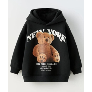 KIz Çocuk Yeni Sezon New York Yazı Teddy Bear Sevimli Ayıcık Baskılı Siyah Renk 3 İplik iç Şardonlu / Pamuklu Kapüşonlıu Swearshirt