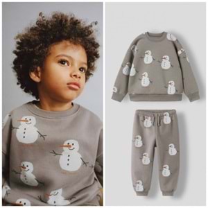 Kardan Adam Desenli Pamuklu Sweatshirt Jogger Eşofman Alt-Üst Takım