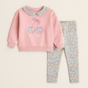 Kız Çocuk Pamuklu Pembe Kiraz Nakışlı Sweatshirt Çiçek Desenli Pantolon Takım Yaka Detay