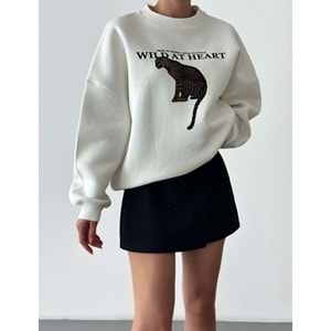 Leopar Baskılı Ekru Sweatshirt - EKRU - L - ST00082-EKRU-L