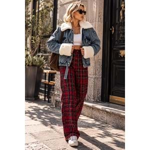 Kürk Yaka ve Kol Detaylı Mavi Renk Kot Ceket - BLUE JEAN - STANDART - ST00109-11258