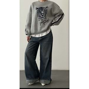 3Kabartma Kaplan Baskılı Gri Melanj Şardonlu Sweatshirt - GRİ - L - ST00113-11270