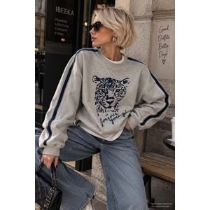 3Kabartma Kaplan Baskılı Gri Melanj Şardonlu Sweatshirt - GRİ - L - ST00113-11270