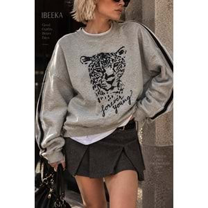 Kabartma Kaplan Baskılı Gri Melanj Şardonlu Sweatshirt - GRİ - M - ST00113-11271