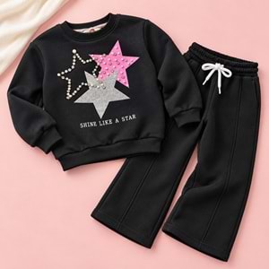 Kız Çocuk Shine Star ! Yıldız Baskı Boncuk Aplikeli Sweatshirt Eşofman Alt Üst Takım