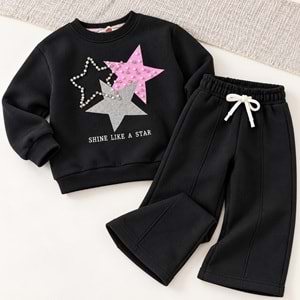 Kız Çocuk Shine Star ! Yıldız Baskı Boncuk Aplikeli Sweatshirt Eşofman Alt Üst Takım