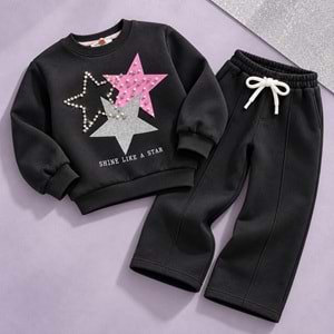 Kız Çocuk Shine Star ! Yıldız Baskı Boncuk Aplikeli Sweatshirt Eşofman Alt Üst Takım