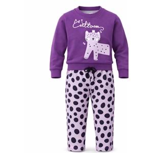 Mor Puantiye Taytlı Kedi Baskılı Altı Üst Takım - MOR - 2-3 YAŞ - ST00283-MOR-2-3 YAŞ