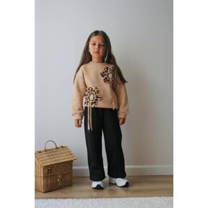 Açık Kahve Leopar Çiçek Aplikeli Alt Üst Takım - KAHVERENGİ - 9-10 YAŞ - ST00293-KAHVERENGİ-9-10 YAŞ