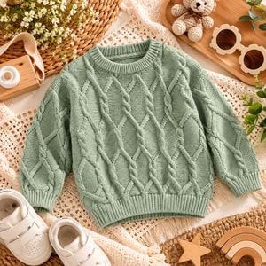 Soft Yeşil Baklava Desen Triko Kazak - YEŞİL - 3-4 YAŞ - ST00307-YEŞİL-3-4 YAŞ