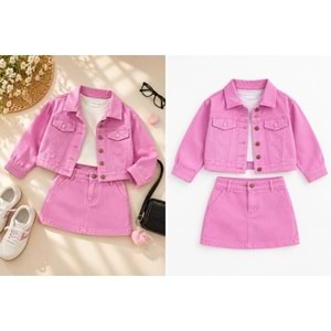 Pembe Renk Fitilli Kadife Ceket Etek Alt Üst Takım - PEMBE - 3-4 YAŞ - ST00326-PEMBE-3-4 YAŞ