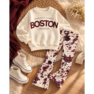 Kız Çocuk Boston Slogan Baskılı Bordo - Krem Renk Taytlı Alt Üst Takım
