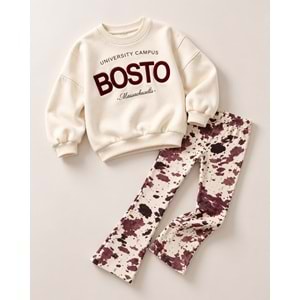 Kız Çocuk Boston Slogan Baskılı Bordo - Krem Renk Taytlı Alt Üst Takım