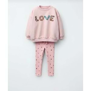 Taş Renk LOVE Baskılı SweatShirt Tayt Alt Üst Takım - TAŞ - 3-4 YAŞ - ST00344-TAŞ-3-4 YAŞ